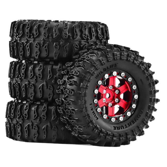 Fiocias 4 Pcs Pneus de Voiture RC Simulation Roues Pneus Modèle Accessoires DIY Alliage d'Aluminium PP Construction Adapté pour RC Crawler Voiture Télécommandée Jouet Remplacement Rouge
