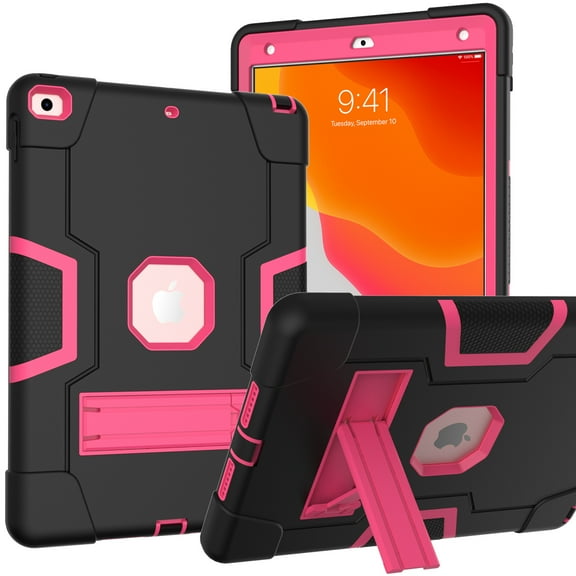 ELEHOLD Rugged Hybrid Case for iPad 9th/8th/7th 10.2" 2021/2020/2019, Tri-Layers Hard PC Soft Silicone Hidden Kickstand Anti-Scratch Shockproof Heavy Duty Case for Kids Men Women,Black Rose
