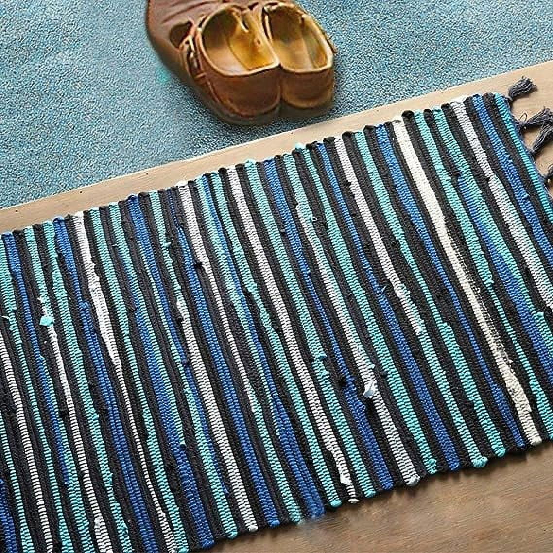Namzi Rag Rug, Machine Washable Cotton Reversible Rag Rug Hand Woven Multi Color Striped Area Rug Floor Rugs for Bedroom, Living Room, Kitchen and Laundry Room (20"x 31", Blue)