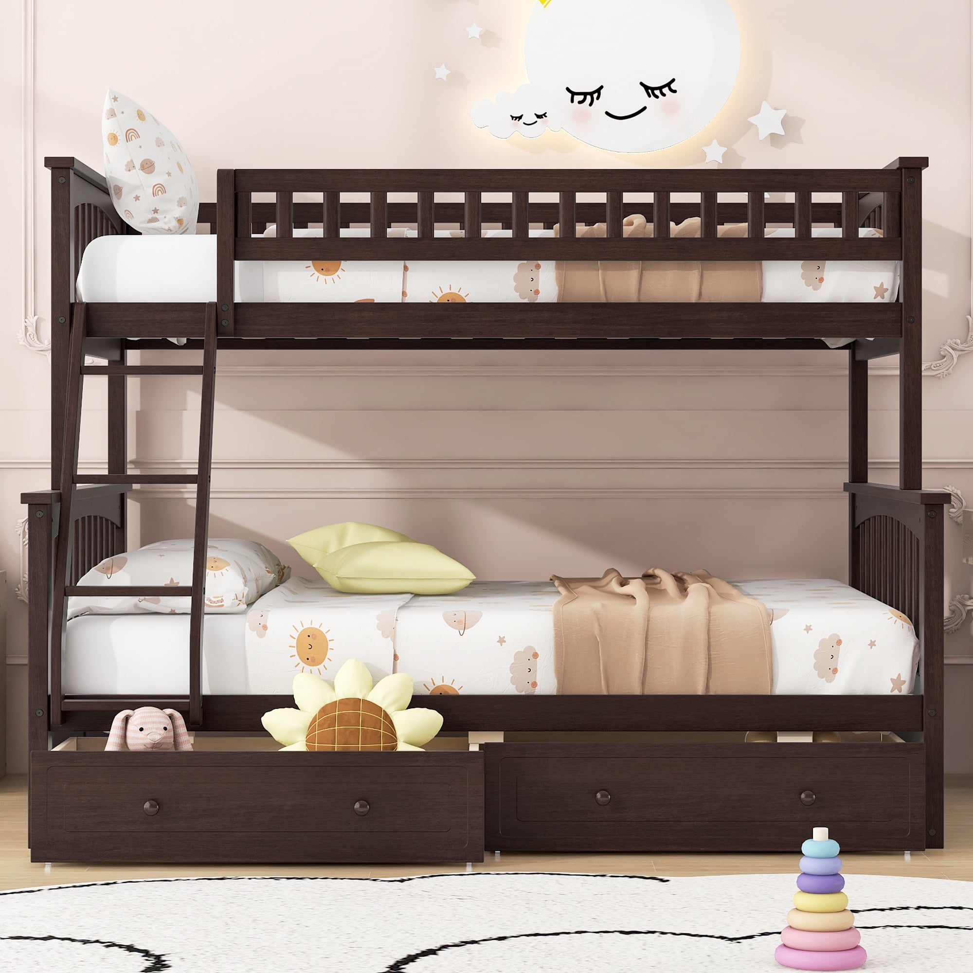 Euroco Wood Twin over Full Bunk Bed with Drawers, Convertible Two Beds in One, Espresso