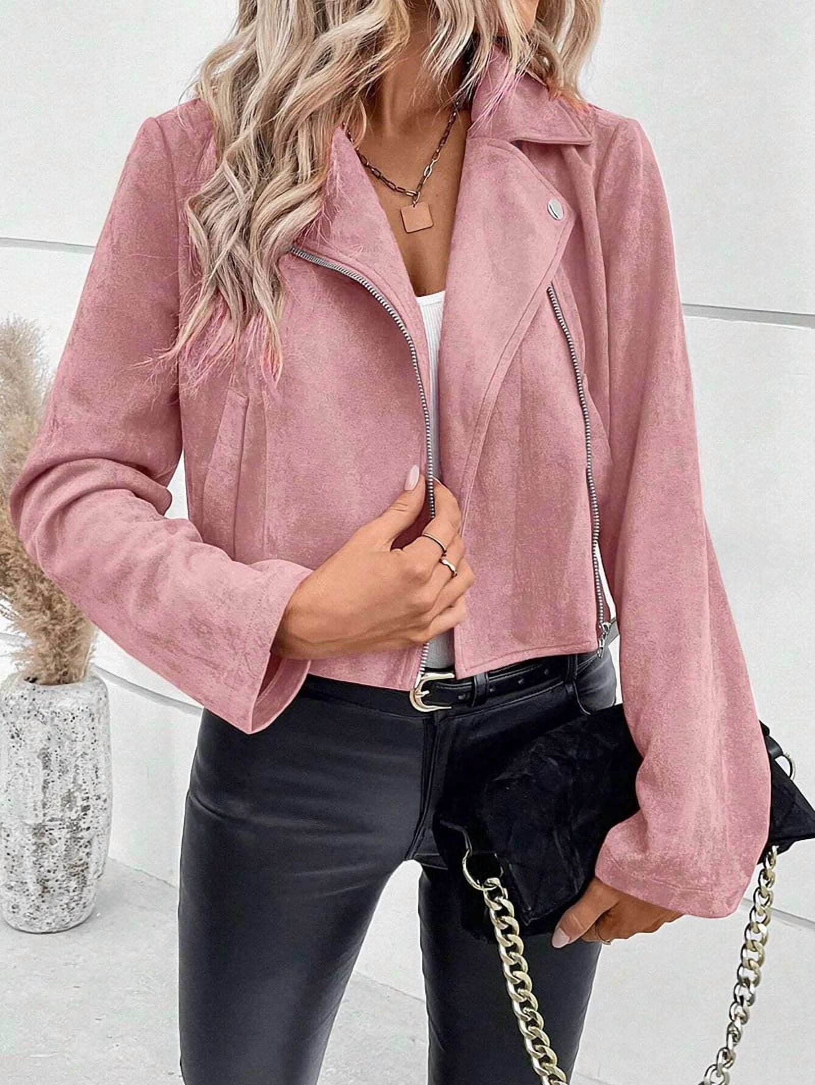 Women'S Cropped Zipper Long Sleeve Suede Faux Leather Blazer Jacket Autumn Fashion Outerwear Pink S
