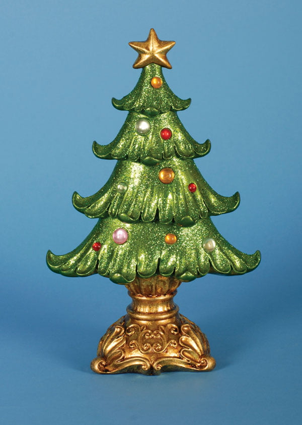 Set of 2 Green and Gold Ornate Glittered Christmas Tree Tabletop Decoration 12&quot;