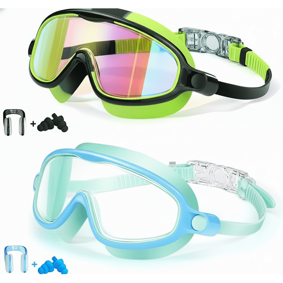 Swim Goggles 2 Pack Anti-Fog Anti-UV Wide View Swimming Goggles for Kids 3-14
