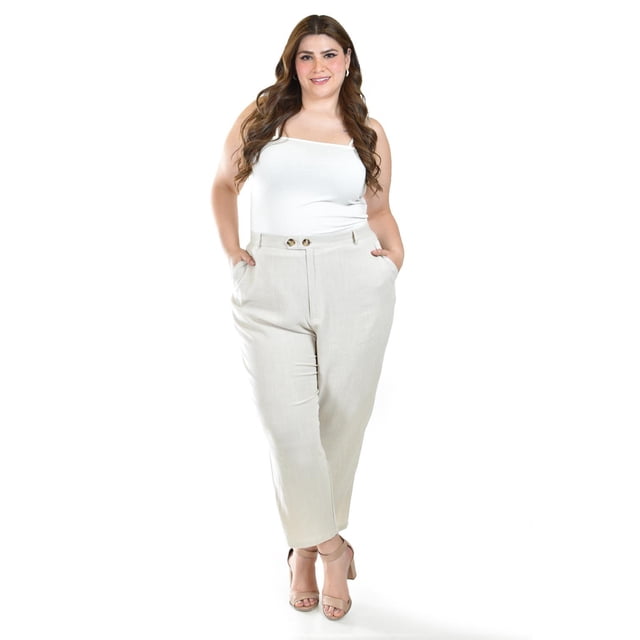 Pantalon de lino de doble boton Roman Fashion /Tallas Extras, 58749 (Beige) beige 40