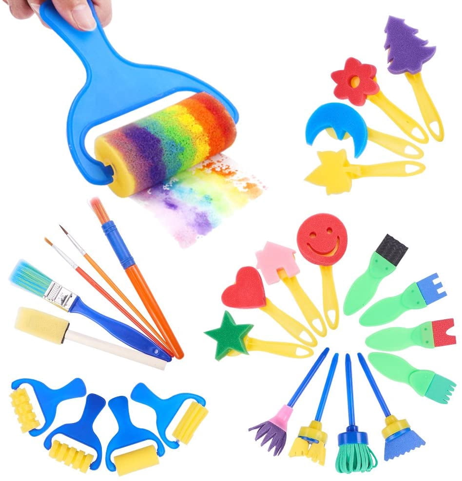 25Pcs Sponge Rollers Painting Brushes for Early Learning Mini Flower Sponge Brushes Drawing Tools with Palette