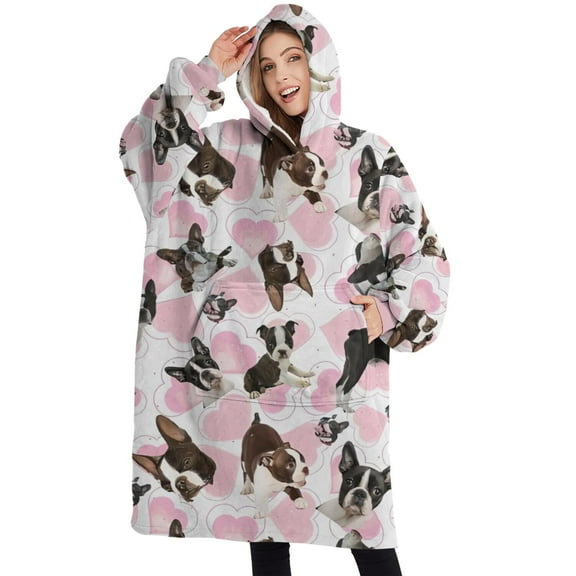 Oversized Wearable Blanket Hoodie,Cute Boston Terrier Dog and Pink Love Heart Sherpa Blanket Hoodie with Super Pockets,Super Warm Fuzzy Pullover for Women & Men