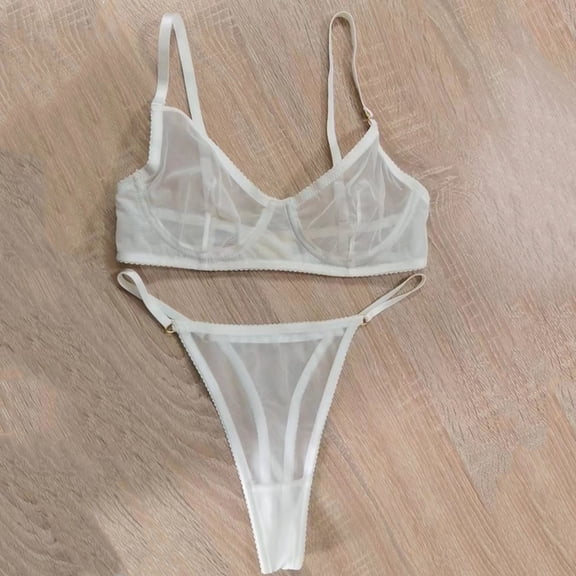 Thin Mesh Bra And Brief Lace See Through Control Push Up Full Cup Supportive Underwear Set, XL, White