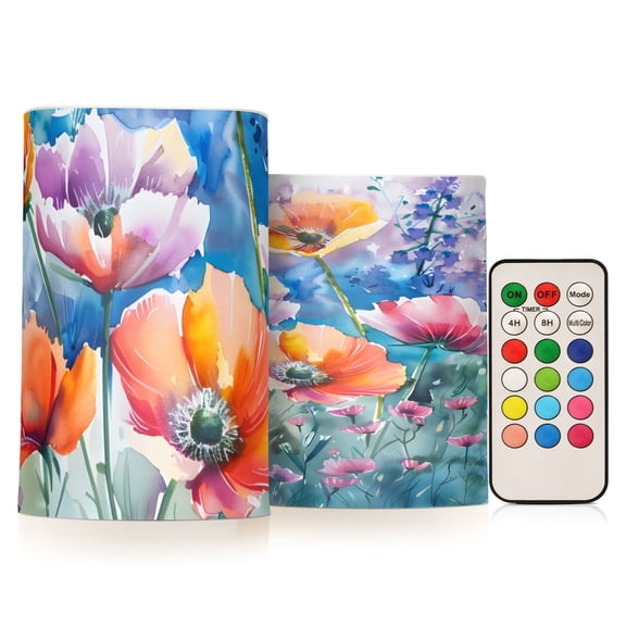 Watercolor Flowers Flickering Flameless Candles Battery Operated with Remote Timer LED Pillar Candles Set of 2