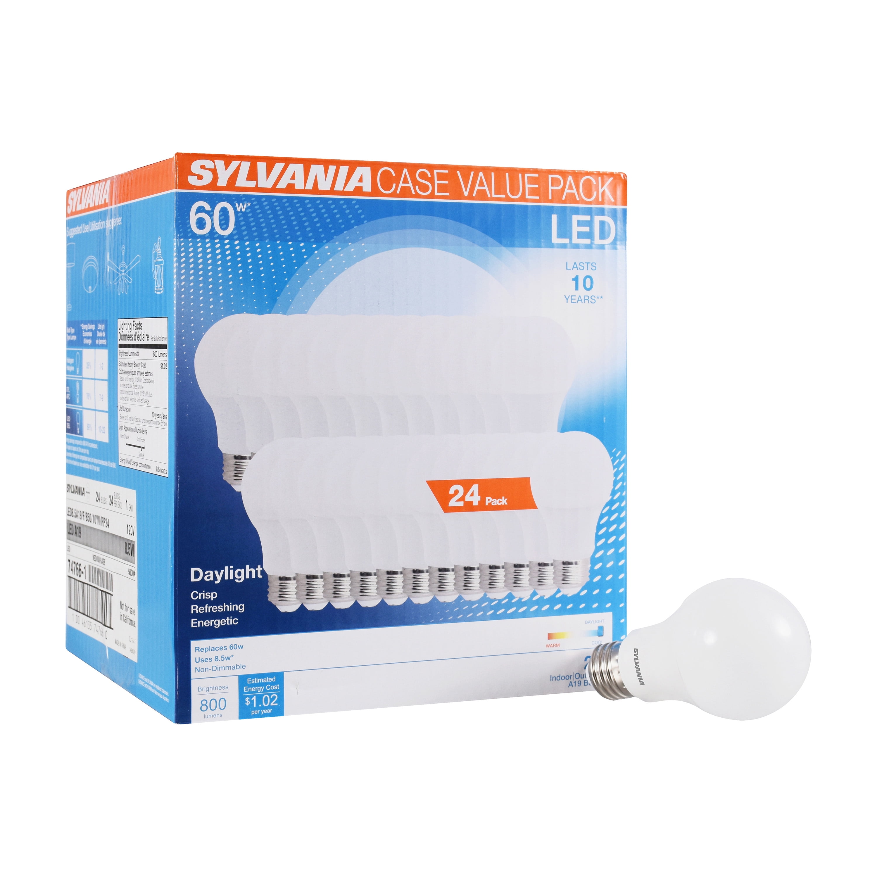 Sylvania LED Light A19, 8.5W, 5000K, Daylight, 24 Pack Walmart.com