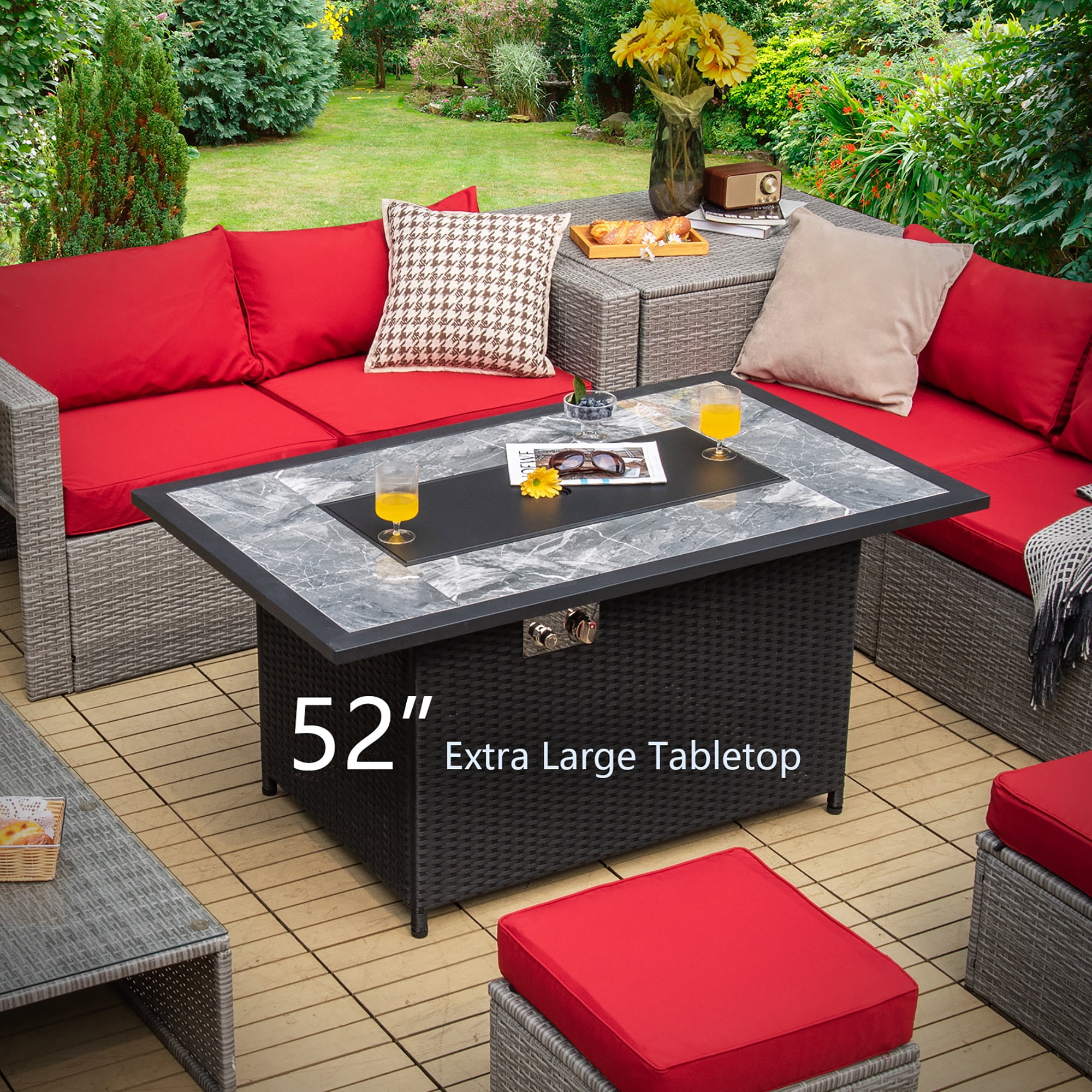 Costway 52'' Propane Fire Pit Table Marble Tabletop Rattan Wicker w/ Rain Cover Lava Rock