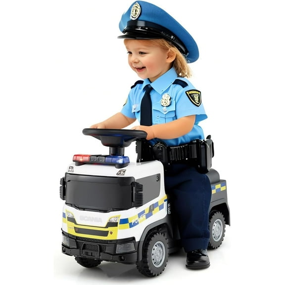 Licensed Scania Ride on Push Car by OLAKIDS with 3 Sound Effects, Storage, Toddler Sliding Police Truck
