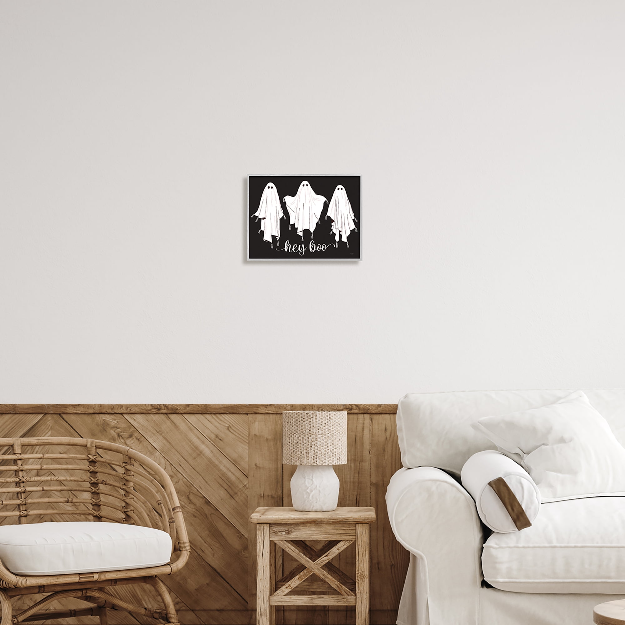 Stupell Industries Hey Boo Three Ghosts Holiday Painting Gray Framed Art Print Wall Art, 14 x 11