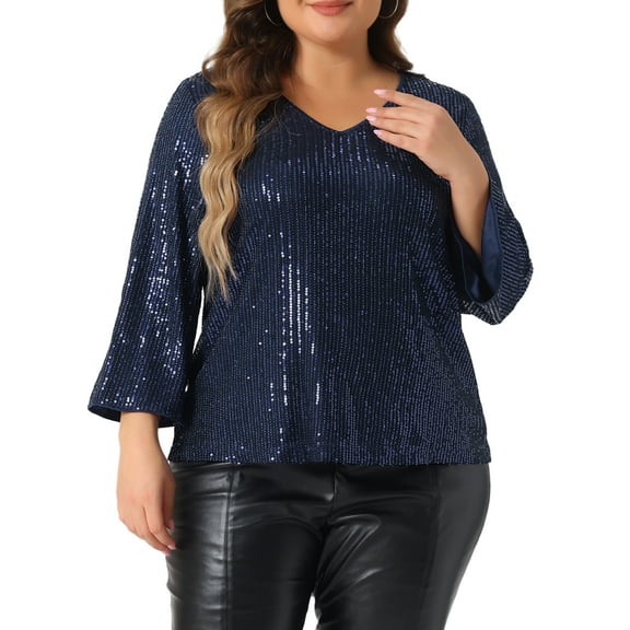DARING DIVA Women's Plus Sequin 3/4 Sleeve V Neck Glitter Top 1X Navy Blue