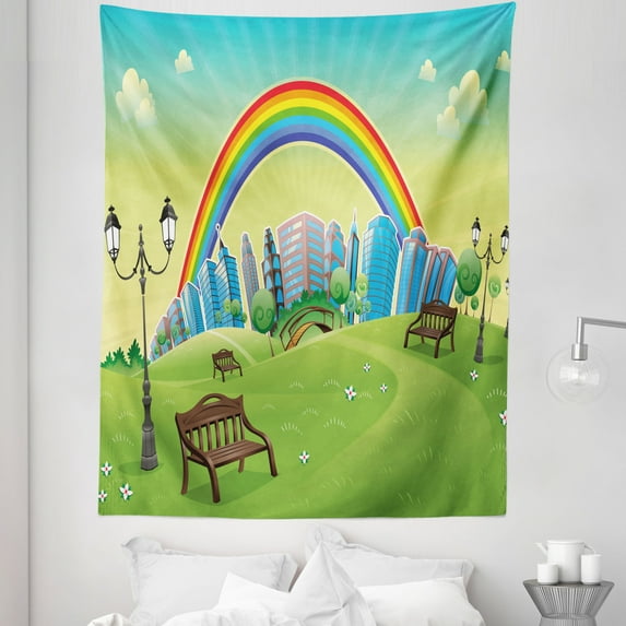 Colorful Tapestry, Design Park Bench Hills Apartments Rainbow Beams Flowers Art Print, Fabric Wall Hanging Decor for Bedroom Living Room Dorm, 5 Sizes, Multicolor, by Ambesonne