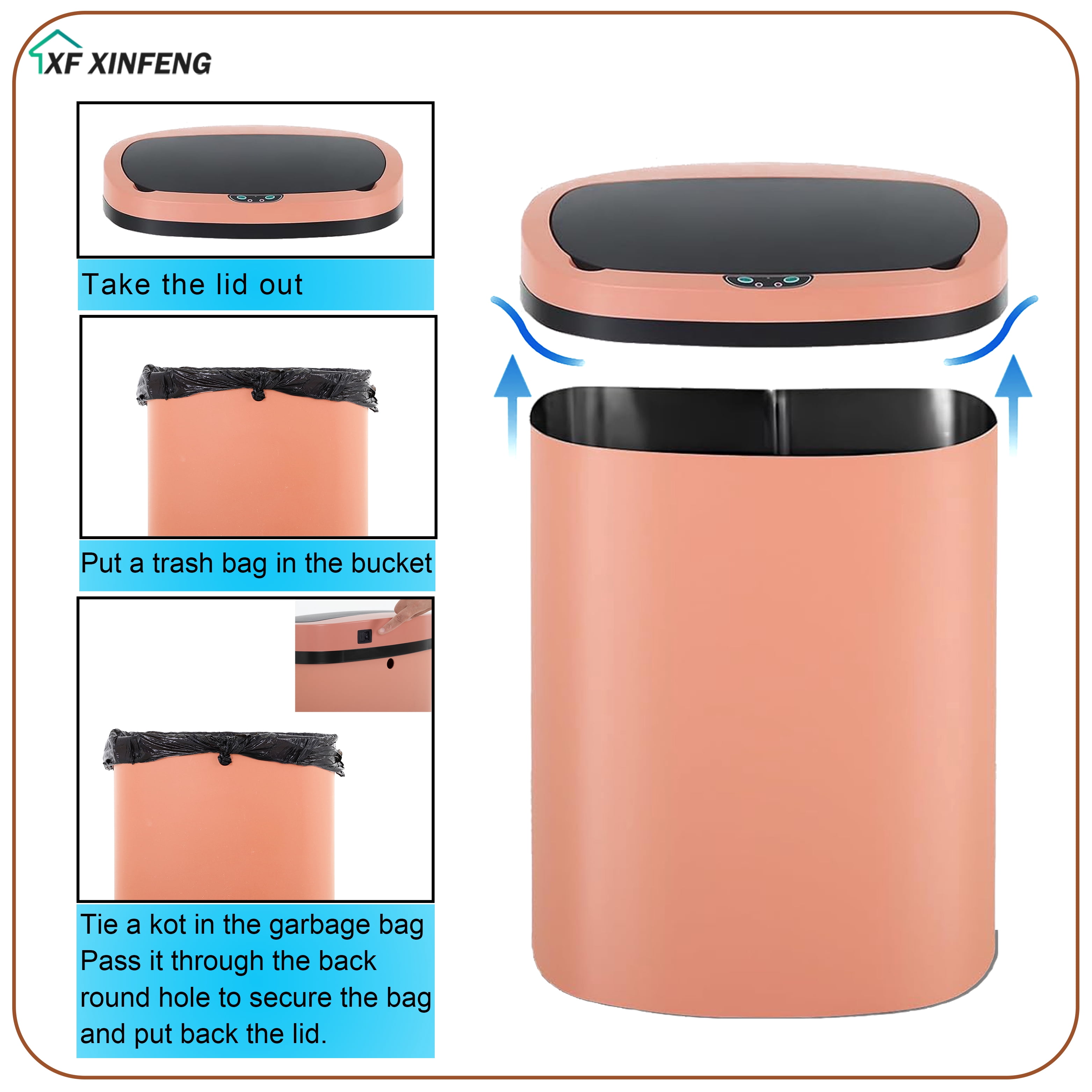 XF XINFENG 13 Gallon 49 L Dustbin Kitchen Trash Can with Lid Automatic Sensor Touch Bin, Garbage Can, Waste Bin, For Bathroom/Double Bed/Bedroom/Home/Office, Pink