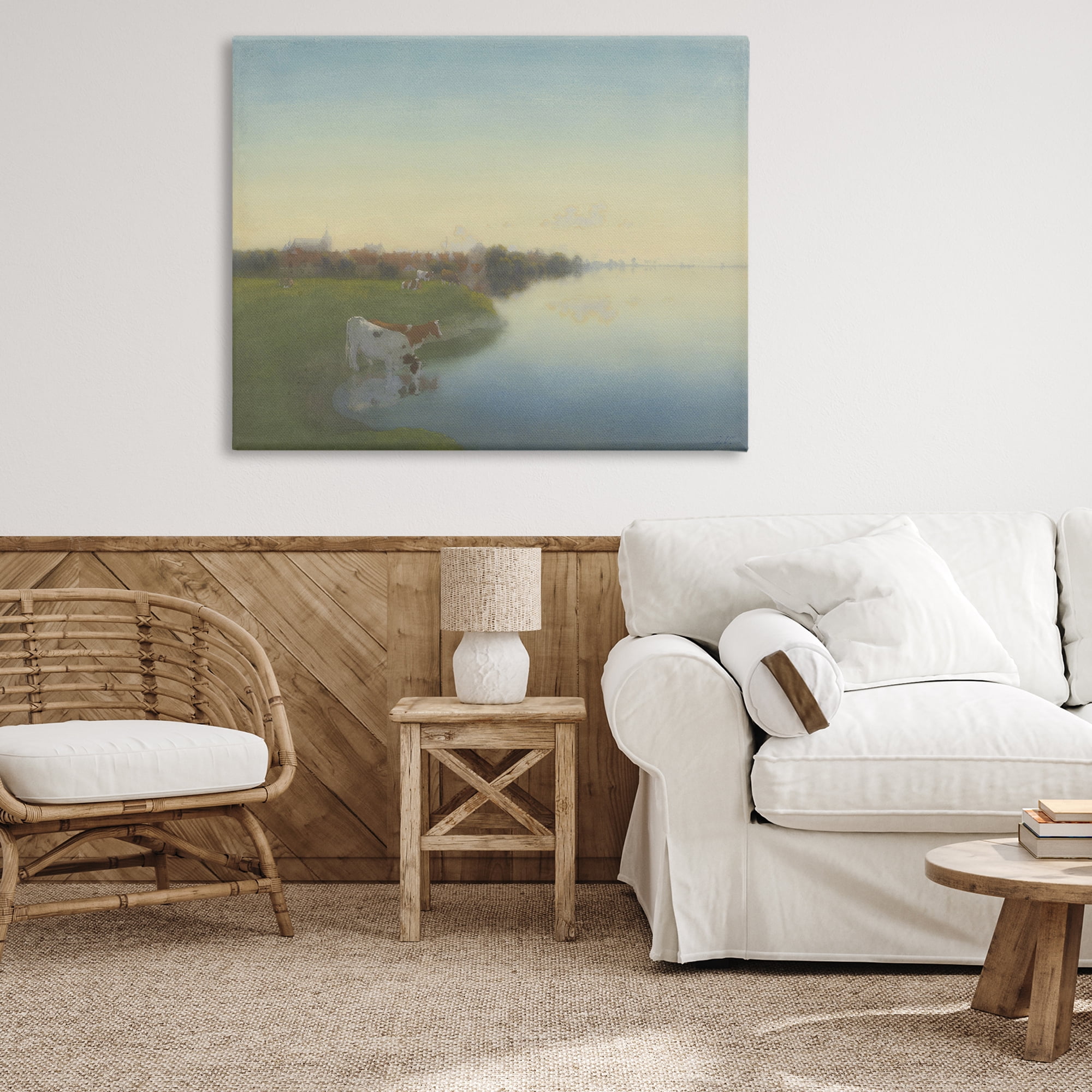 Stupell Industries Cows in Serene Shore Landscape & Nature Painting Wrapped Canvas Art Print Wall Art, 48 x 36