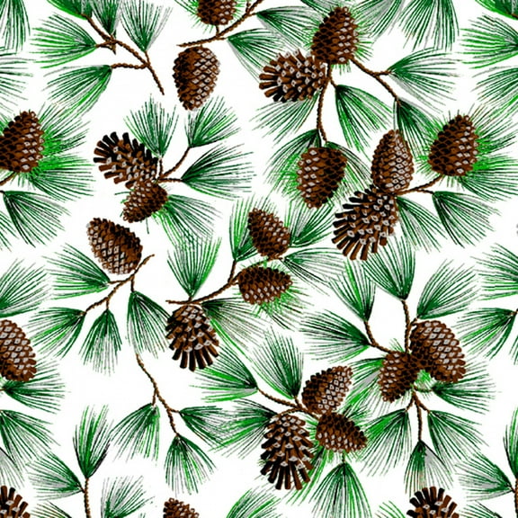 David Textiles Christmas Pinecones With Glitter White/Green 100% Cotton Sold by The Yard