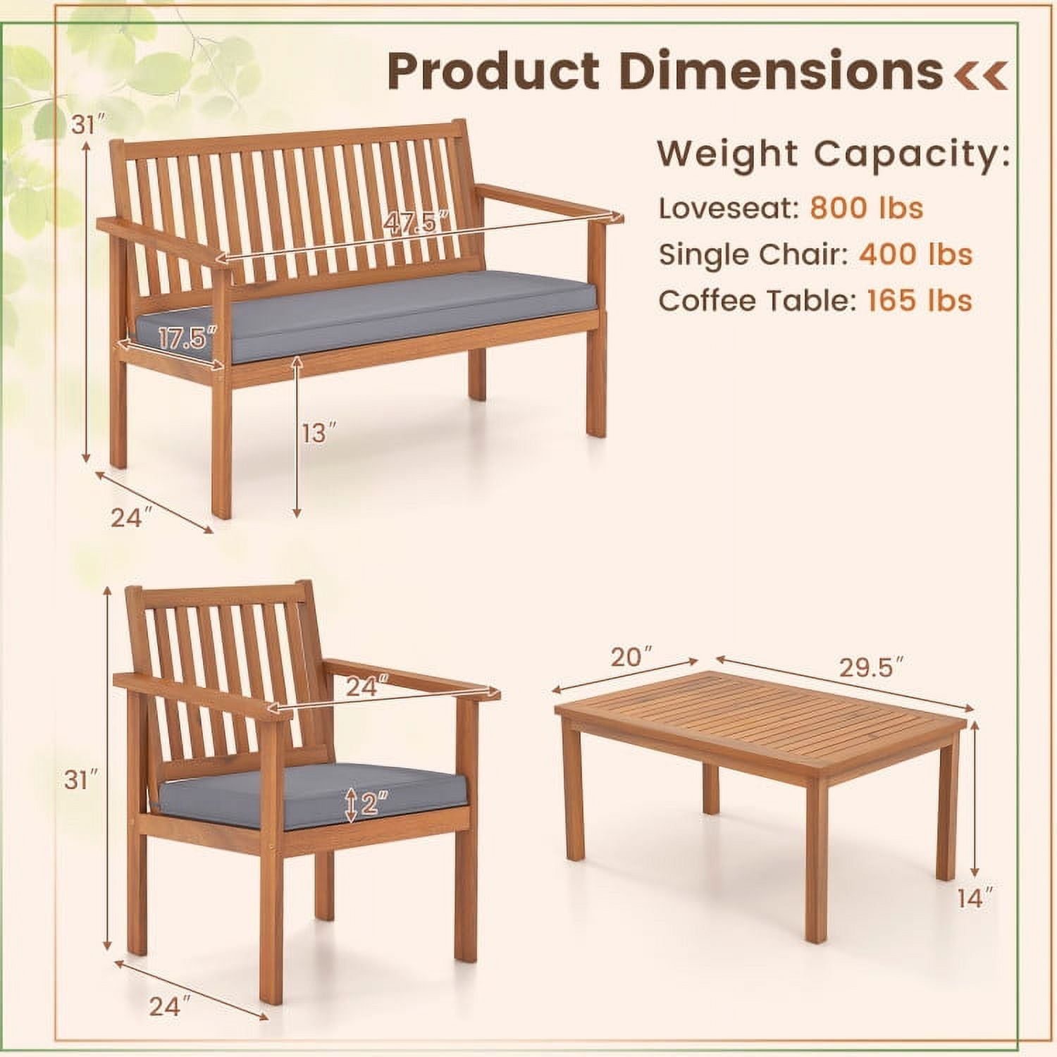Resenkos 4 Piece Patio Wood Furniture Set Acacia Wood Sofa Set, Small Patio Conversation Furniture Set with Loveseat-Off Gray
