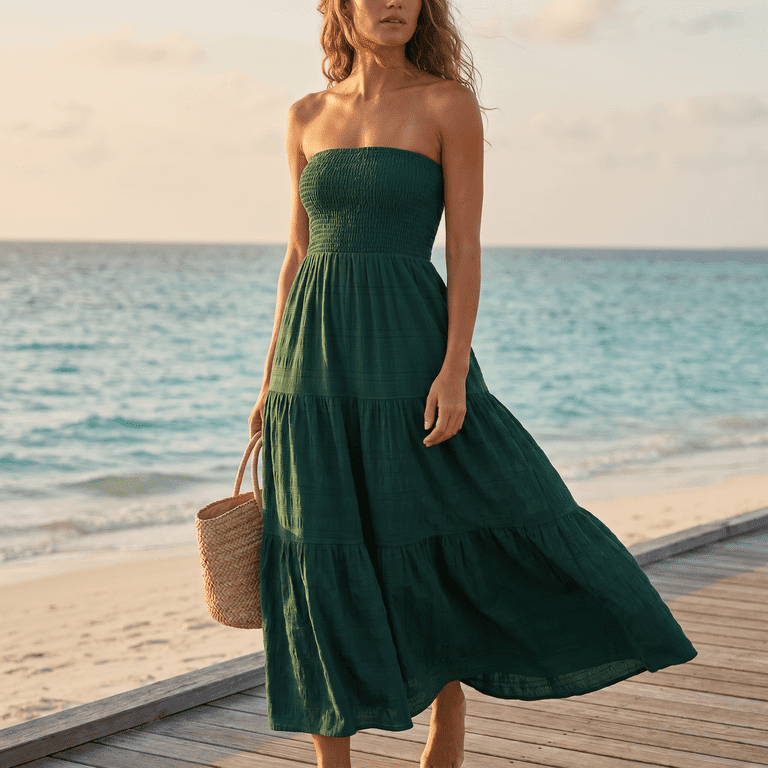 strapless green wedding guest dress WLOMHUW Women's Smocked Bandeau Tiered Maxi Dress Breathable Vacation Dress for Ladies L, Size: Large VINTAGE LOVER