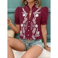 thumbnail image 3 of Women'S Summer Tops 2025 Casual Ruffle V Neck Puff Short Sleeve Button Down Shirts Embroidered Blouses Wine Red S, 3 of 8