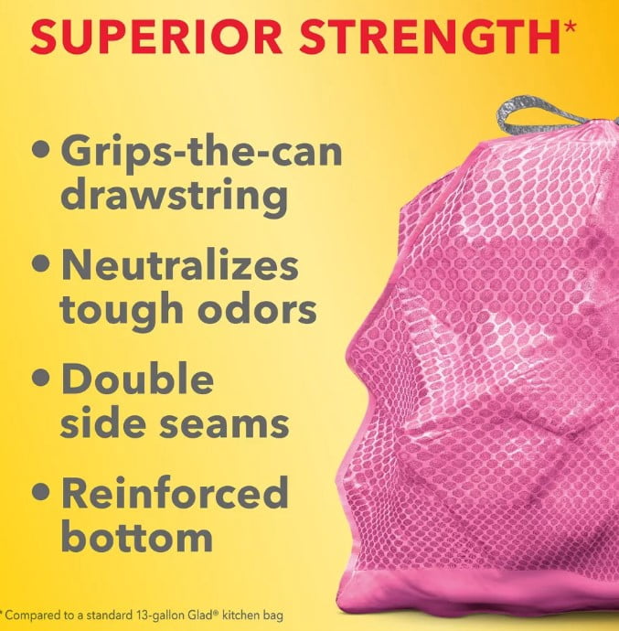 Glad ForceFlex MaxStrength Tall Kitchen Drawstring Pink Trash Bags - Cherry Blossom - 13 Gallon Count 90ct