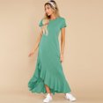 thumbnail image 1 of New Femmes Col Rond Manches Courtes Volants Décor Asymétrique Longue Robe Nouvelle Couleur Unie Décontractée Robe de Vacances Maxi Vestidos, 1 of 2