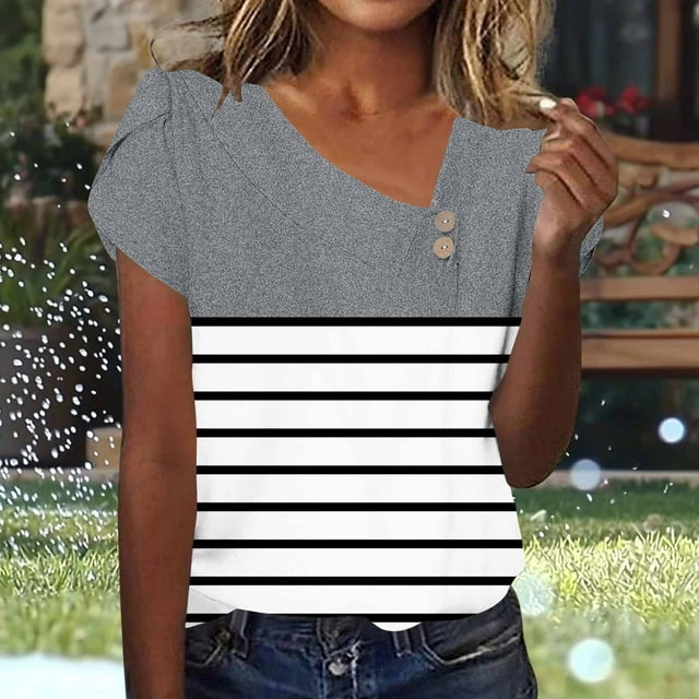 mfyjkho Tops Para Salir, Camiseta Informal Holgada De Manga Corta Con Botones Y Estampado Para Mujer Tops Para Hacer Ejercicio Para Mujer Xl