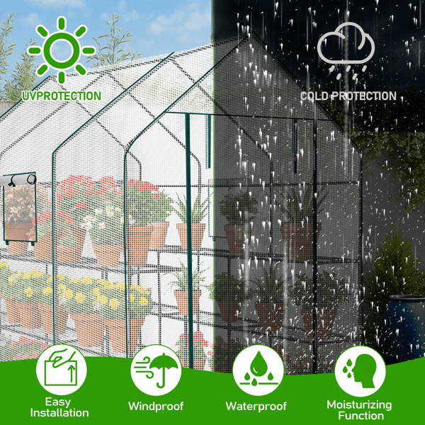 Alvantor Large Walk-In Greenhouse with PE Cover, 12-Shelf Indoor Outdoor Garden Plant Shelves, Roll-Up Door & Side Windows, 56"x85"x77"