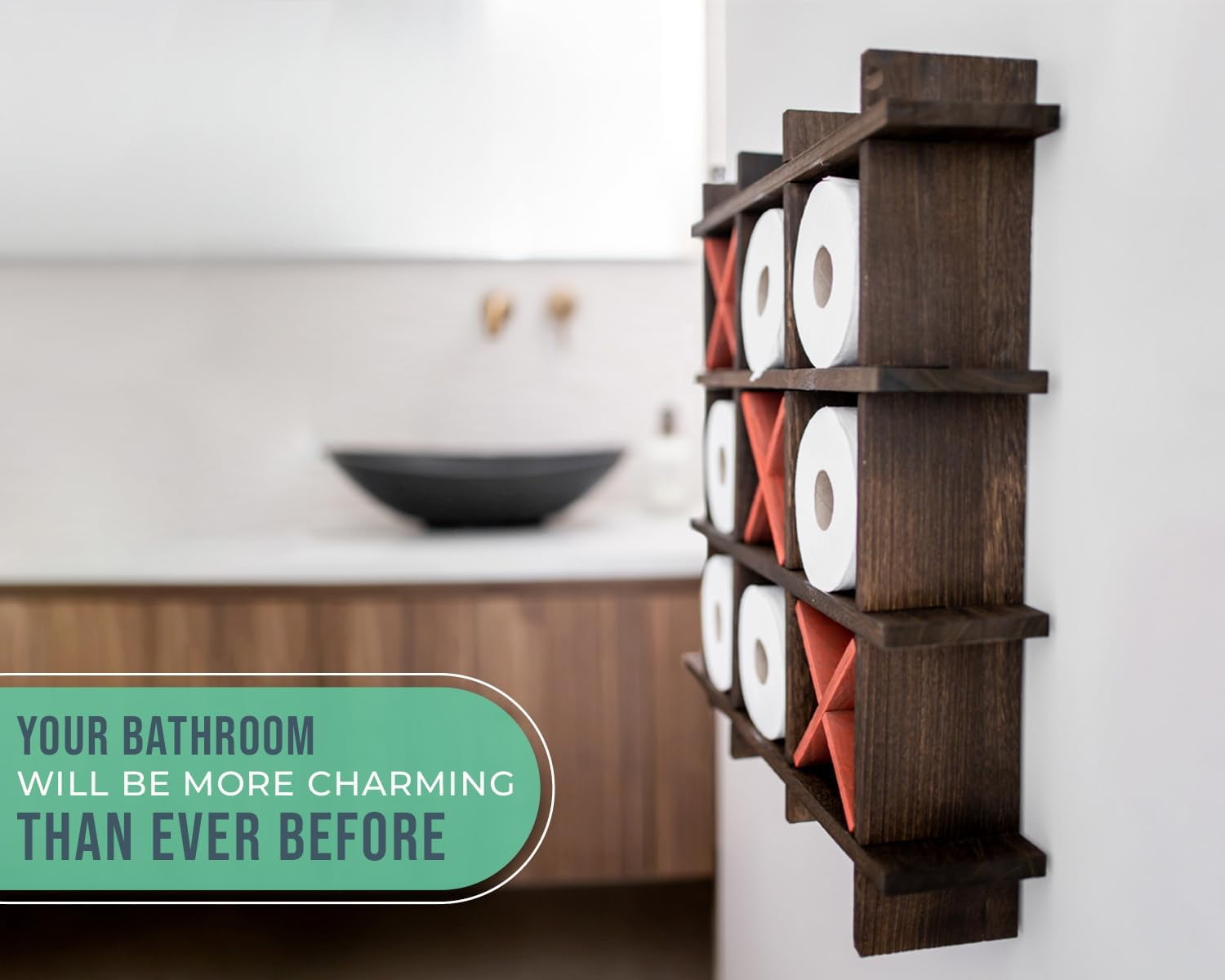 Comfify Tic Tac Toe Toilet Paper Holder, Torched Brown, Bathroom Tissue Storage Shelf for Wall Mount and Freestanding Use
