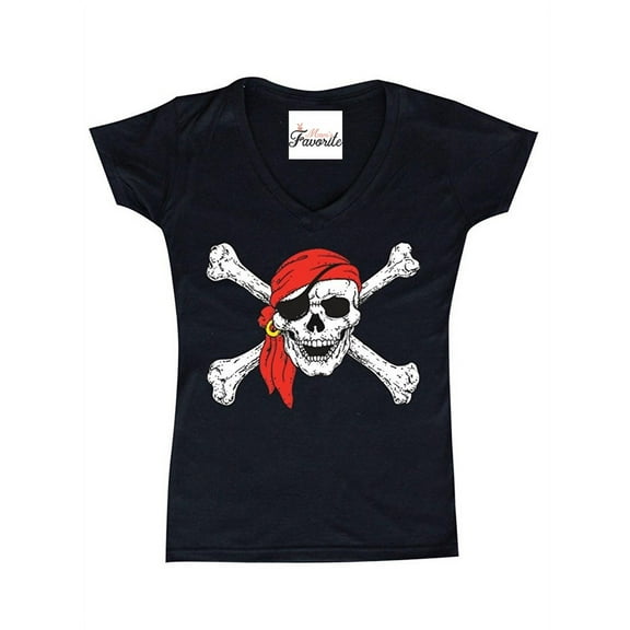 MmF - Women's T-Shirt V-Neck Short Sleeve, up to Women Size 3XL - Jolly Roger Skull & Crossbones