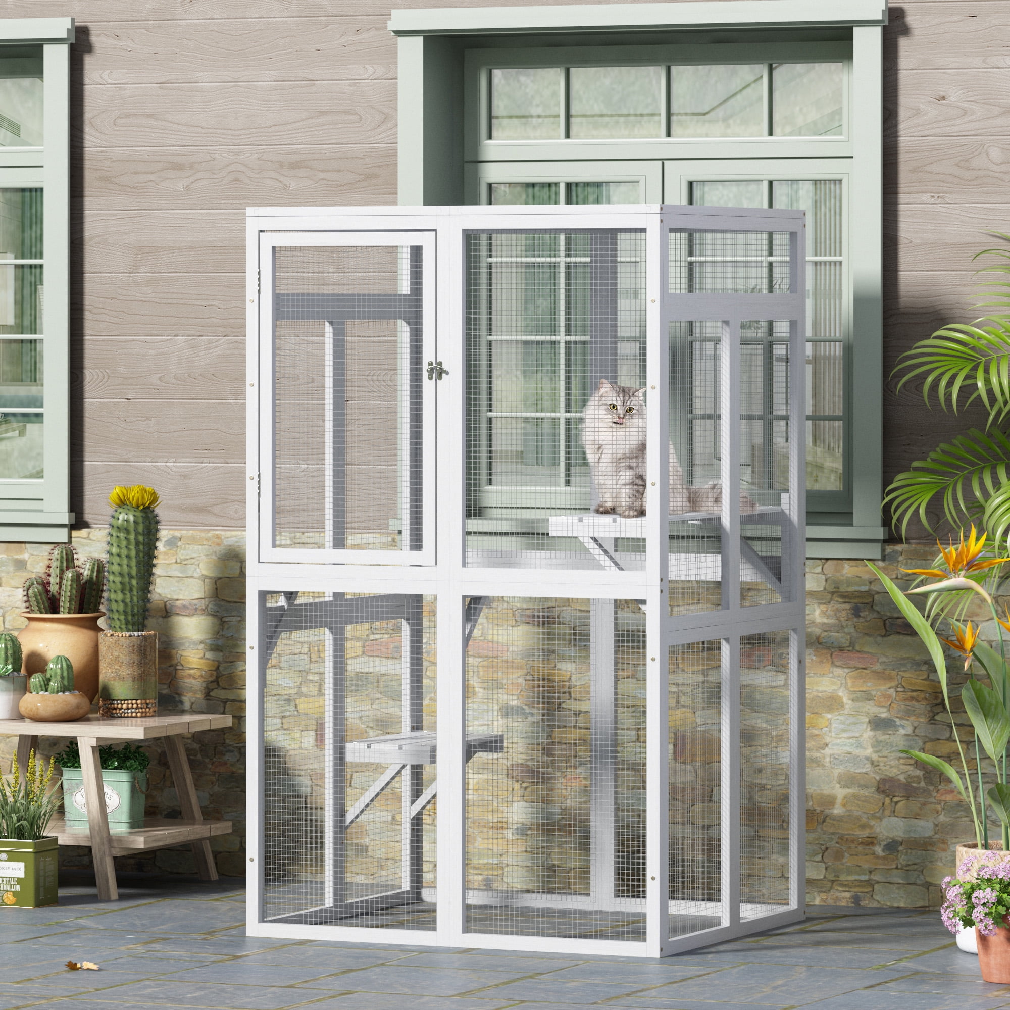 COZIWOW Catio Outdoor Cat Enclosure Window Access, Wooden Cat House Cage Indoor， White