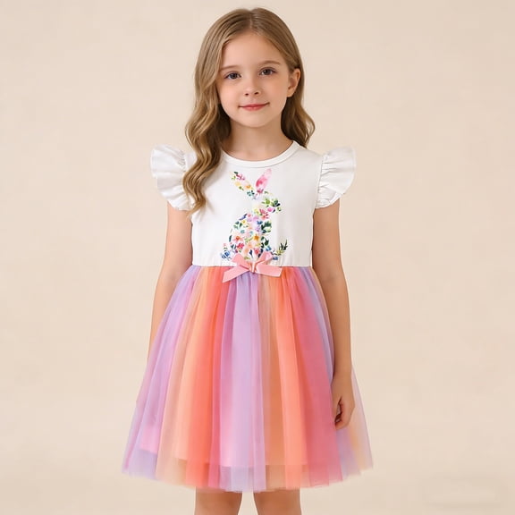 FAOWME Toddler Kids Girls Dress Sleeveless Round Neck Easter Bunny Print Comfortable Fashion Mesh Dresses For Celebration And Photoshoot,Red,3-4 Years