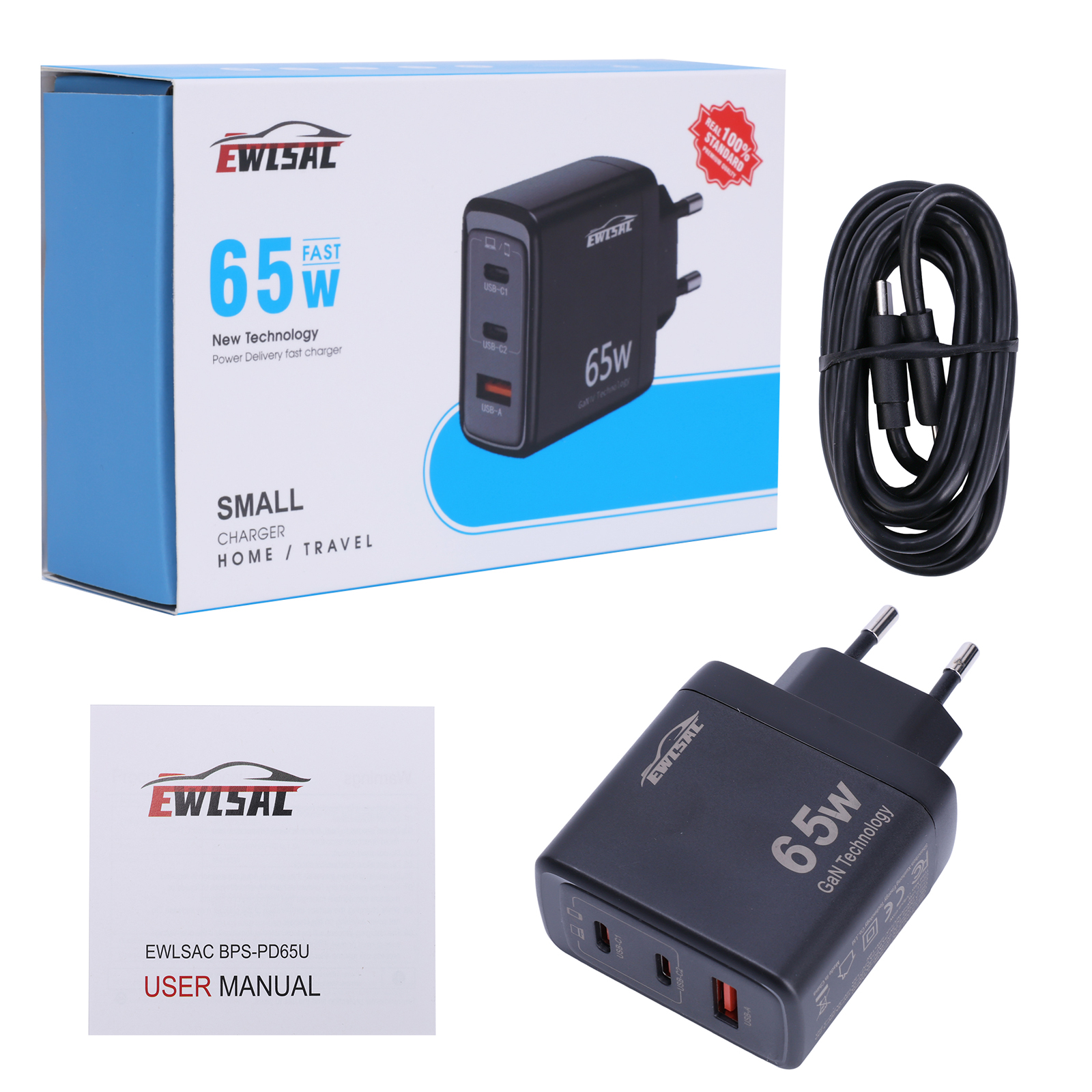 65W GaN Triple-Port USB Wall Charger | Fast PD Charging Station (EU Plug) - Compatible for iPhone 16 Pro/16/15, for Samsung S24/S23, and Tablets | Portable Travel Power Adapter