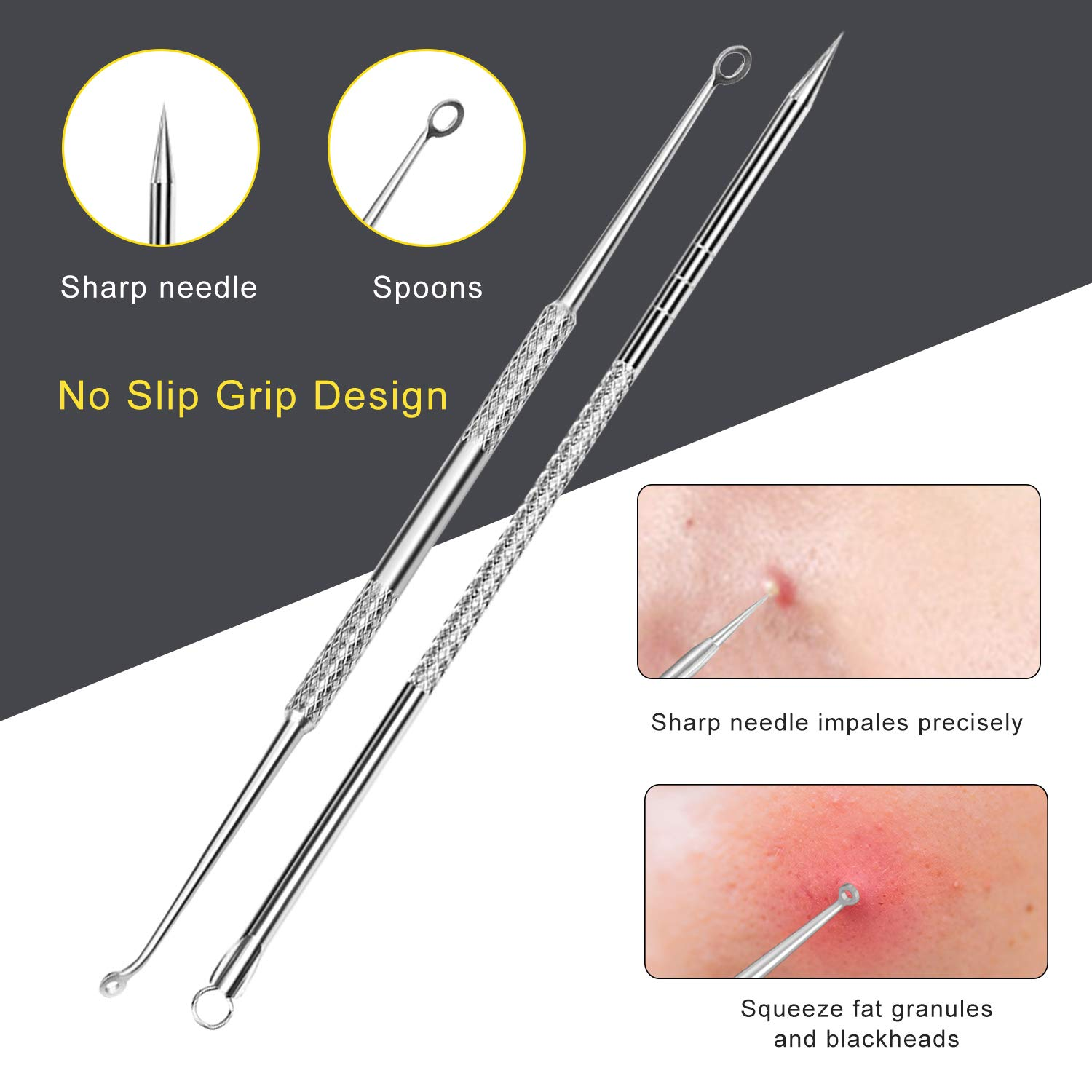 Blackhead Remover Tool, 10 Pcs Professional Pimple Comedone Extractor Popper Tool Acne Removal Kit - Treatment for Pimples, Blackheads, Zit Removing, Forehead,Facial and Nose(Silver) - image 6 of 8