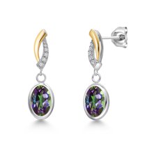 Gem Stone King 925 Silver and 10K Yellow Gold Green Mystic Topaz and Lab Grown Diamond Earrings for Women | 3.22 Cttw | Gemstone November Birthstone | Oval 8X6MM