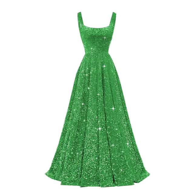 Vestido de fiesta Miao Duo verde con lentejuelas y cuello cuadrado, talla grande