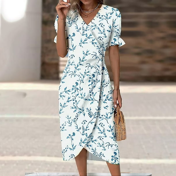 Puntoco Vestido De Manga Corta Con Cuello En V, Vestido Con Botones De Manga Corta Con Cuello En V Y Dobladillo Irregular Estampado De Verano Para Mujer Blanco Xxl