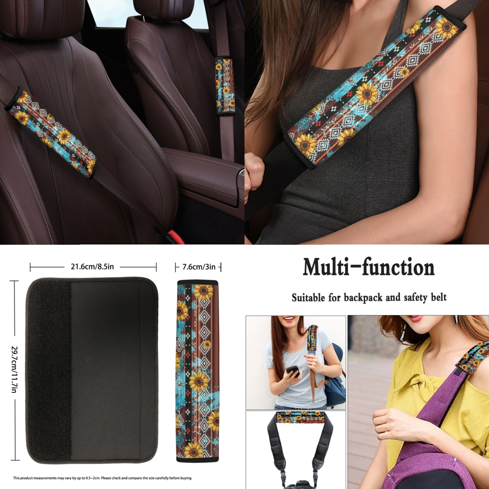 Renewold American Tribal Sunflower Brown 11 Pack Car Seat Covers Full Set, Universal Car Seat Protector Set with Steering Wheel Covers Seat Belt Covers Coaster Keyrings Fit for Most Cars SUV