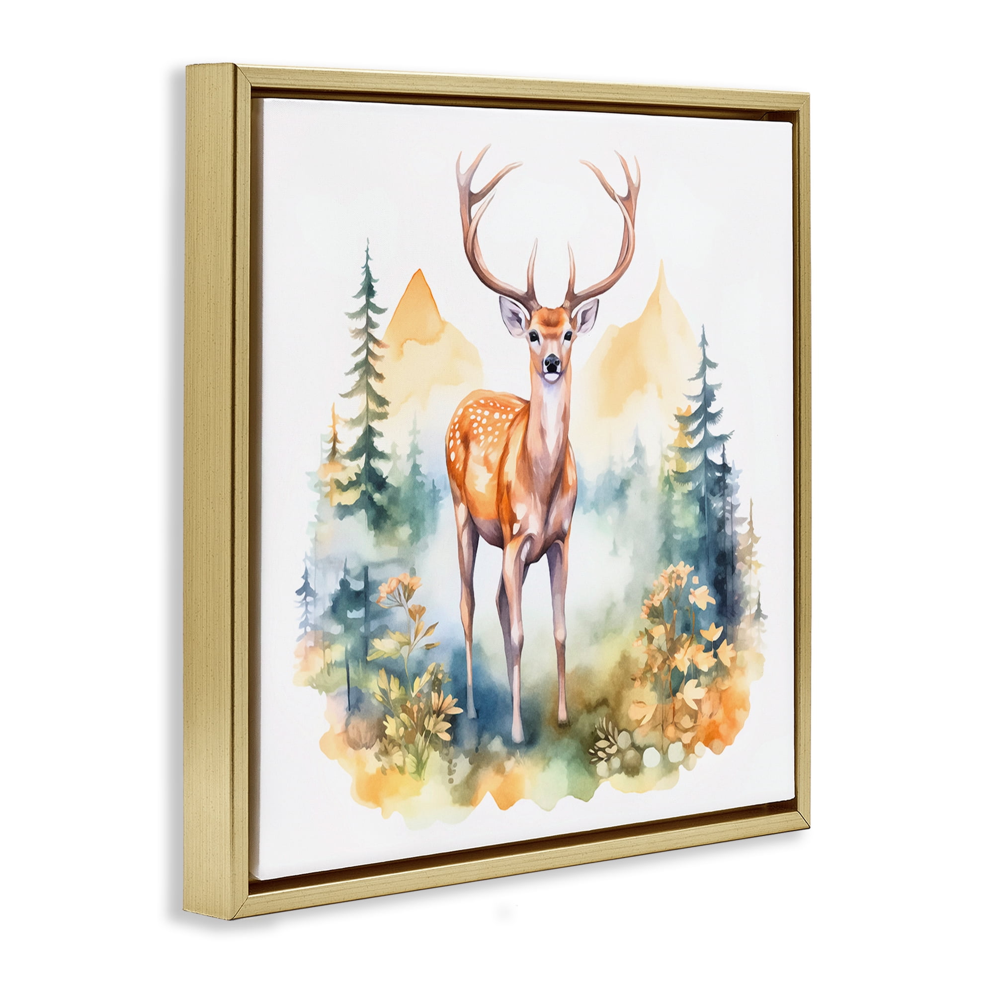 Stupell Industries Wild Deer with Mountains Animals Painting Gold Floater Framed Canvas Art Print Wall Art, 25 x 25