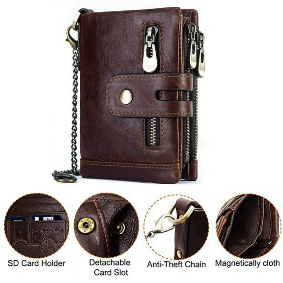 Mens Wallet RFID Blocking Men's Genuine Leather Wallet and Zipper Coin Pocket Bifold Purse with Chain 16 Credit Card Holder Genuine Leather Gents Wallets Slim Purse