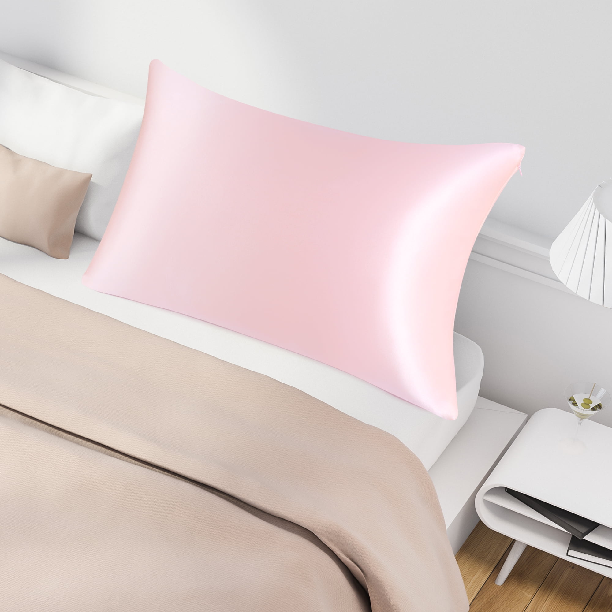 PiccoCasa 1 Pack 19mm Silk Pillowcase for Hair and Skin with Zipper Standard Pink