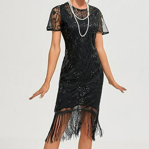 Flapper Dresses 1920S Dresses For Women,Crew Neck Great Gatsby Dresses With Sleeve Roaring 20S Dress For Harlem Nights Black Xl
