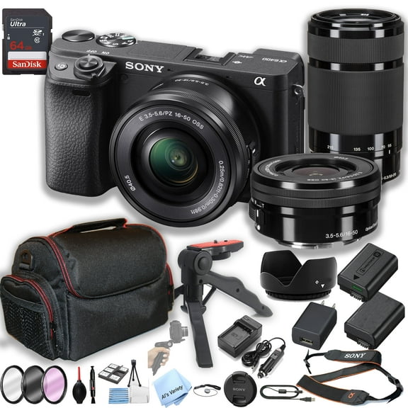 Sony a6400 Mirrorless Camera with16-50mm & 55-210mm Zoom Lenses   64GB Memory   Case  Steady Grip Pod   Filters   2X Batteries   More (34pc Bundle)
