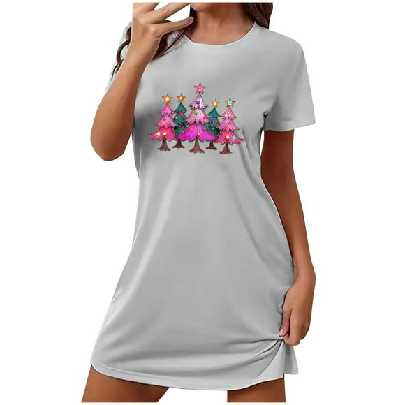 Holiday gift Xysaqa Womens Nightgown Short Sleeve Sleepshirt Funny Christmas Tree Nightdress Soft Sleepwear Gray L