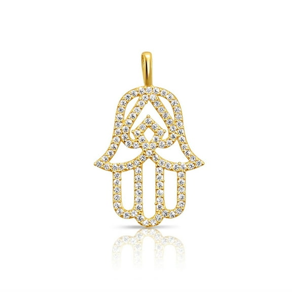 Tilo Jewelry 14K Yellow Gold Pave Hamsa Hand of Fatima Pendant Charm with Cubic Zirconia CZ Stones for Women & Unisex Necklace