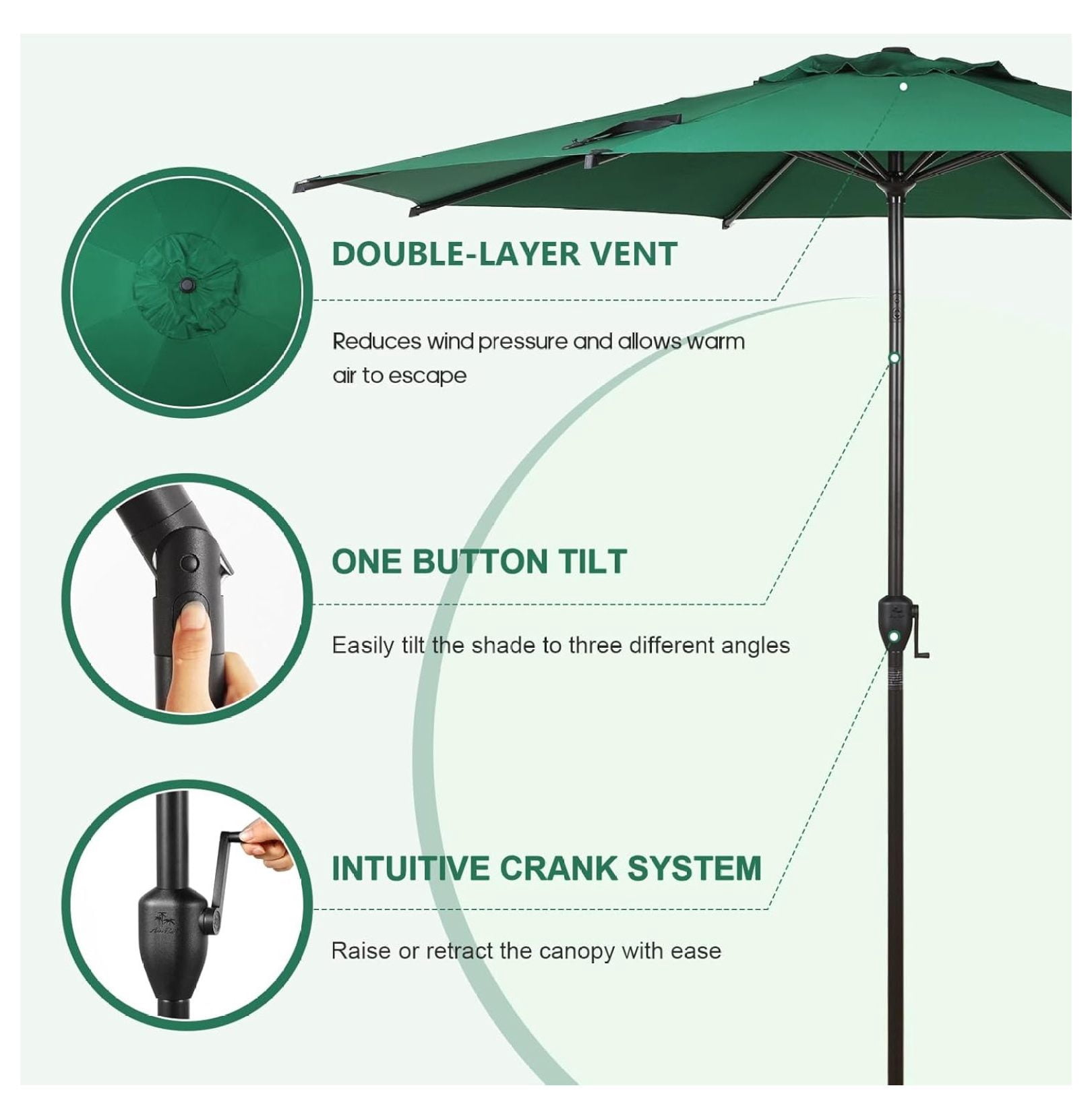 9FT Lyon Outdoor Patio Umbrella Outdoor Table Umbrella with Push Button Tilt and Crank Market Umbrella 8 Sturdy Ribs UV Protection Waterproof for Garden Deck Backyard Pool Dark Green