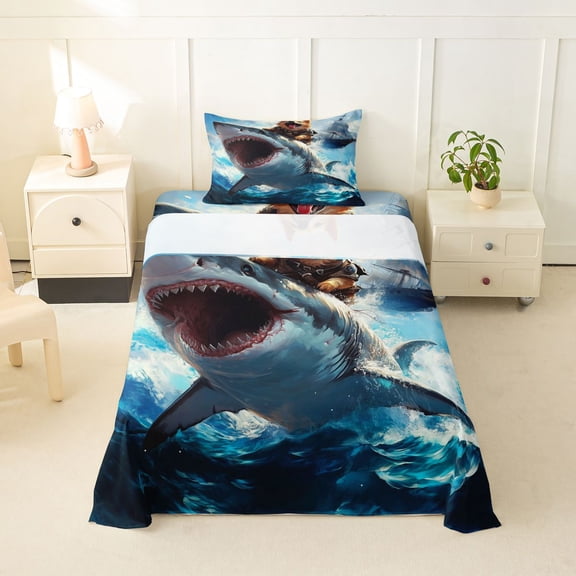 Homewish Cool Corgi Shark Twin Sheets,Cartoon Animal Bedding,Blue,Ocean Wave Decor,3 Pieces,1 Fitted Sheet and 1 Pillowcase