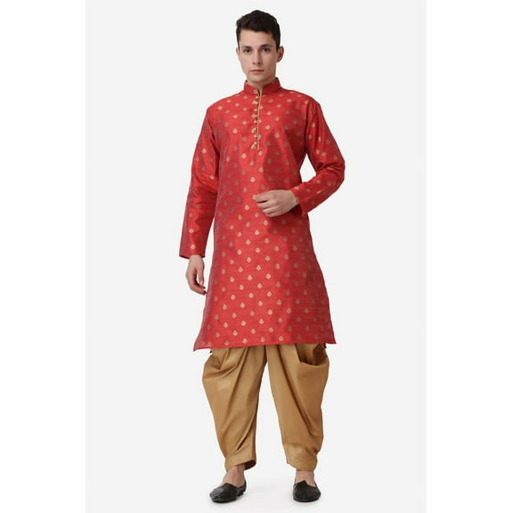 Royal Kurta Elegant Maroon Jacquard Silk Printed Long Kurta and Bronze Salwar for Men