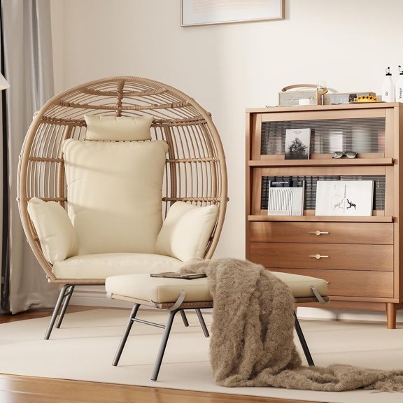 Huloretions Wicker Egg Chair Set with Ottoman Cozy Egg Lounge Chair with Thick Cushion,atio Lounge Egg Chair with Footrest, Comfy Hand-Made Rattan Chair with Thick Cusion & Metal Frame