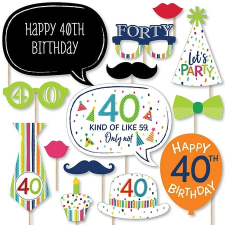 - 40th Birthday - Cheerful Happy Birthday - Colorful Fortieth Birthday Party Photo Booth Props Kit - 20 Count